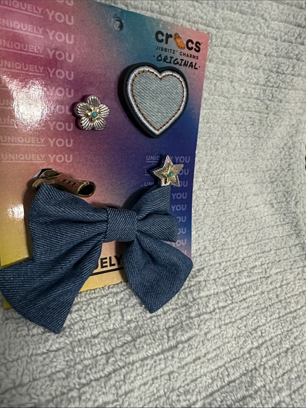 CROCS Denim Bow Croc Charms with Heart Patch & Silver Charms and cowgirl boot